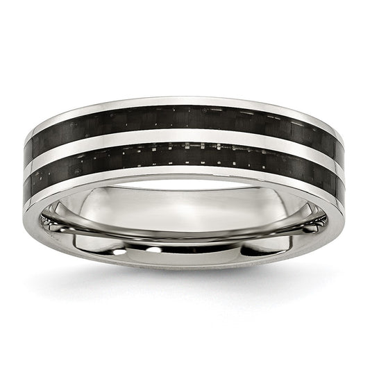 Stainless Steel Polished Double Row Black Carbon Fiber Inlay 6mm Band Size - 7