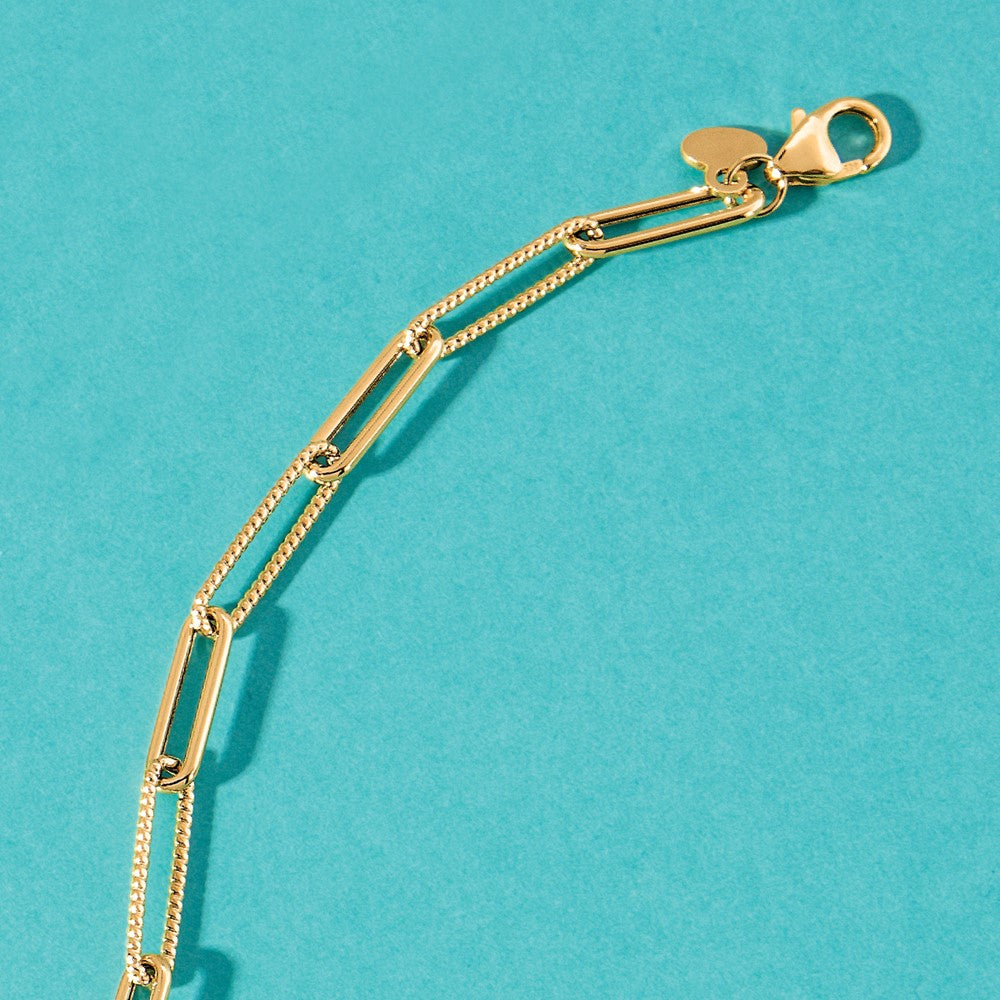 14K Polished and Textured Paperclip Link Bracelet 7.5  inches