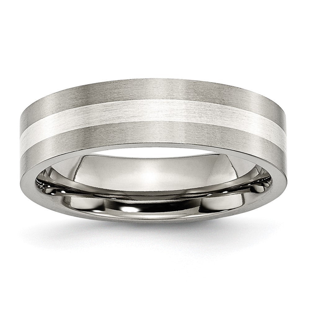 Titanium Brushed w/Sterling Silver Inlay 6mm Flat Band Size - 12.5