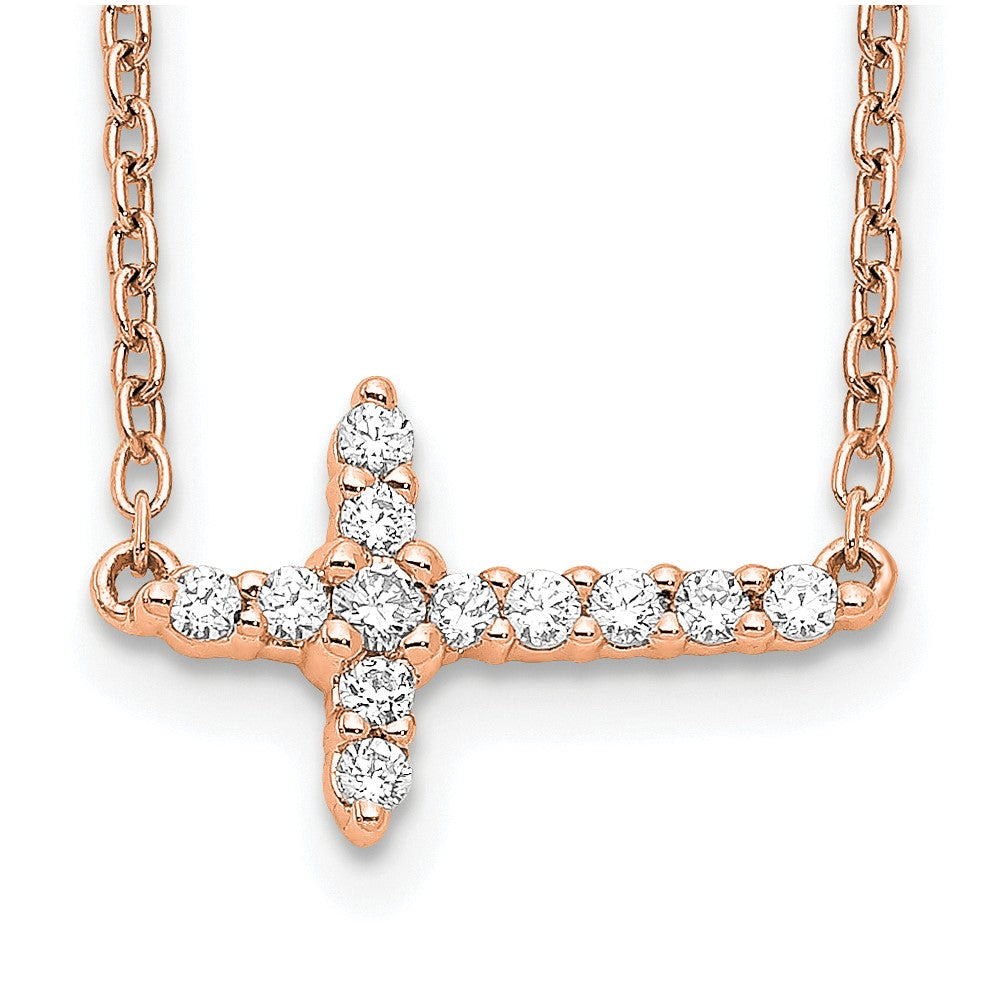 14k Rose Gold Diamond Sideways Cross 18in Necklace