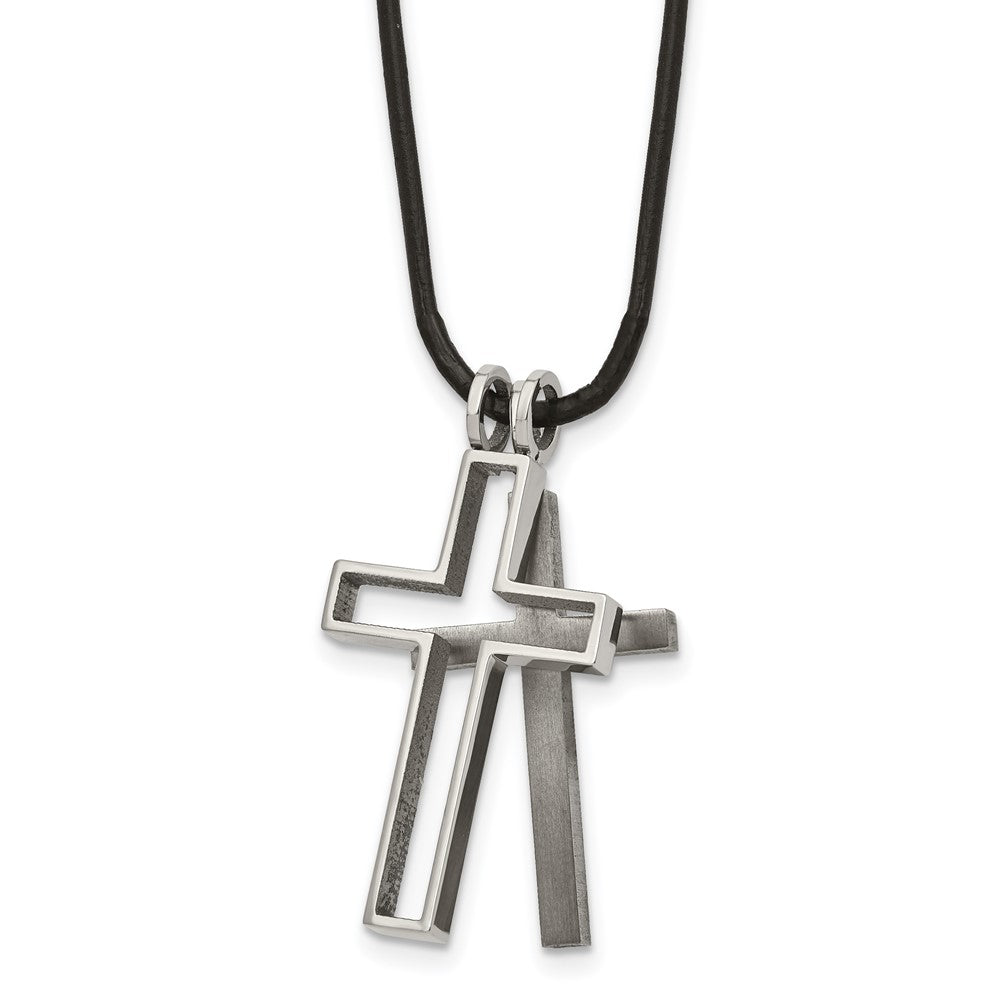Titanium Leather Cord Cross 18in Necklace