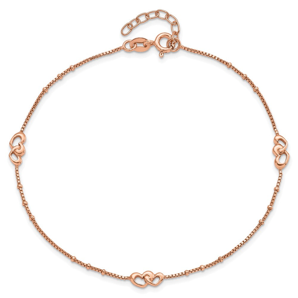 Sterling Silver Rose-tone Polished Hearts 9in Plus 1in Ext Anklet 9 inches