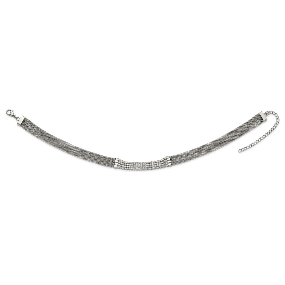 Stainless Steel Polished w/CZ Multi Strand w/2.75in ext Choker Necklace