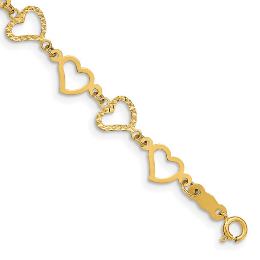14K Flat Diamond Cut Open Hearts Bracelet 7.5  inches