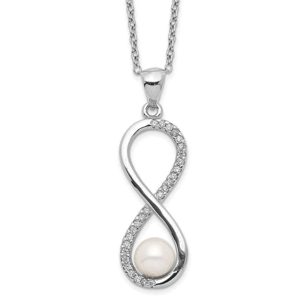 Sterling Silver Rhodium-plated 5-6mm White Round Freshwater Cultured Pearl and CZ Infinity 17 inch Necklace 17 Inches