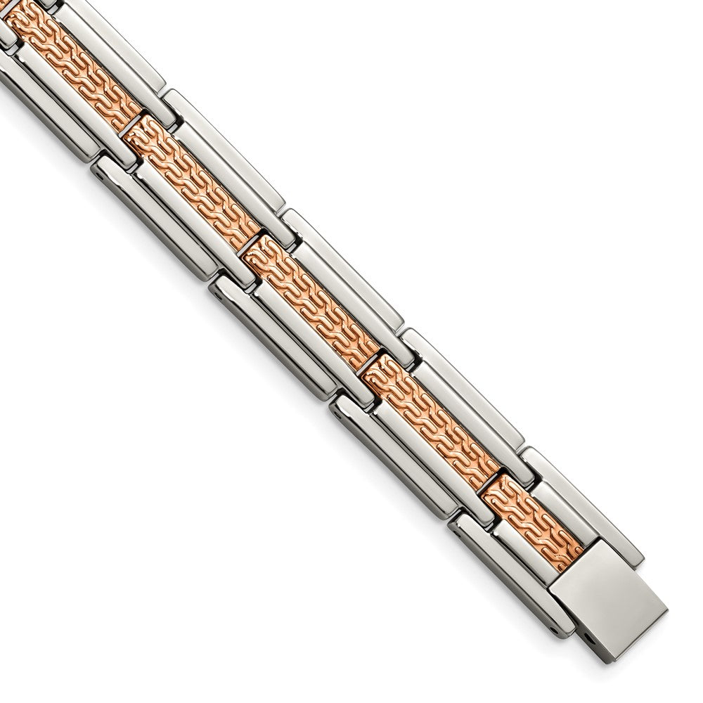 Stainless Steel Polished and Textured Rose IP-plated 8.5in Bracelet 8.5 inches