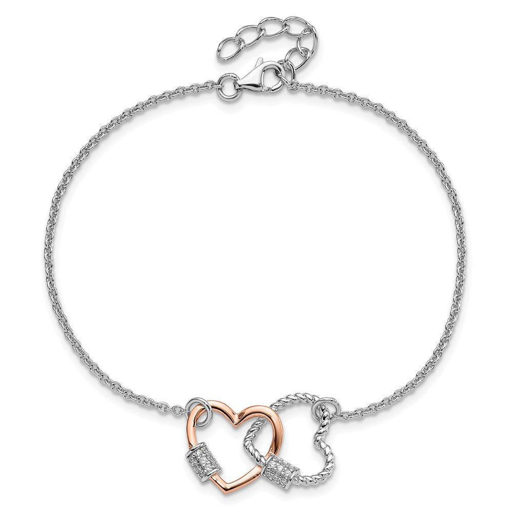 Sterling Silver Rh-plated Rose-tone Double Heart 7in w/1in ext Bracelet 8 inches