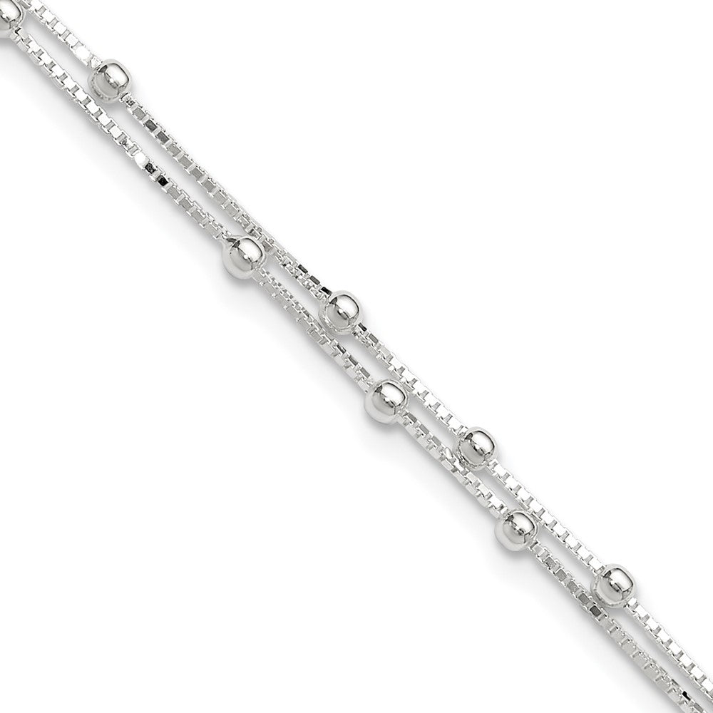 Sterling Silver Polished Beaded 2-strand 9 inch Plus 1 inch ext. Anklet 9 inches