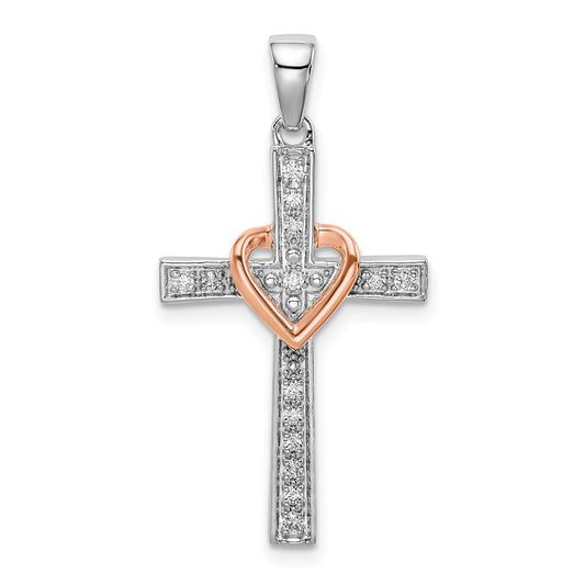 14k Two Tone Rose and White Gold 1/8 carat Lab Grown Diamond VS/SI+ G+ Cross with Heart Pendant