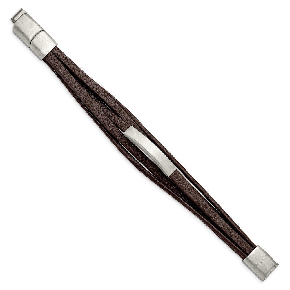 Stainless Steel Brushed Brown PU Leather Multi-Strand w/.5in ext Bracelet 8 inches