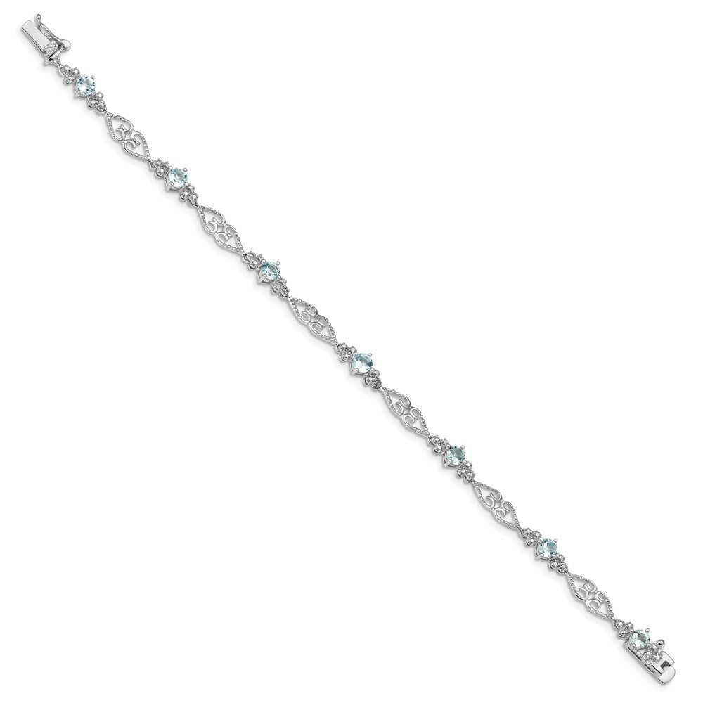 Sterling Silver Rhodium-plated Diamond Aquamarine Bracelet 7 inches