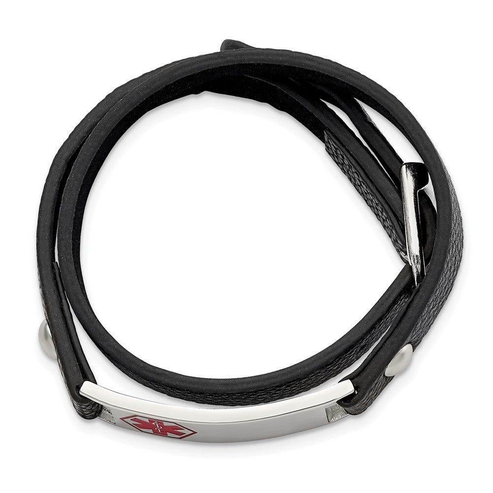 Stainless Steel Polished Enamel Leather Wrap Medical Adj Bracelet