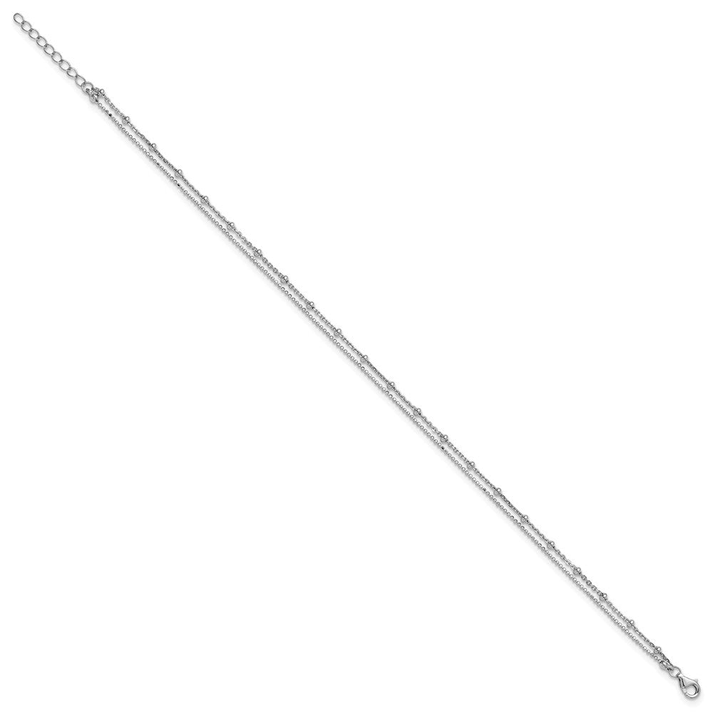 Sterling Silver Rhodium-plated Polished and Beaded 2-Strand 9 Inch with 1 Inch Extension Anklet