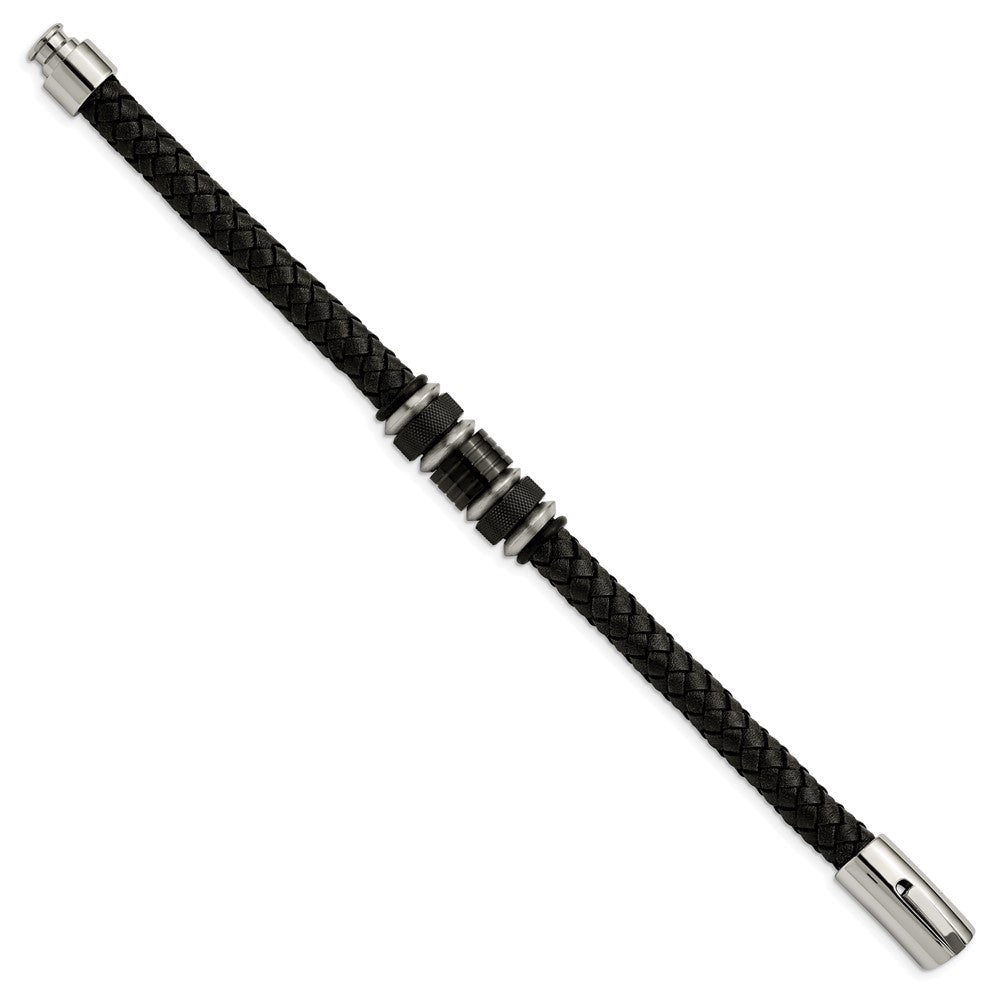Stainless Steel Brushed & Polished Black IP Leather & Rubber Bracelet 8.5 inches