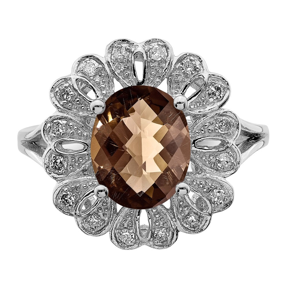 Sterling Silver Rhodium Diam. & Checker-Cut Smoky Quartz Ring