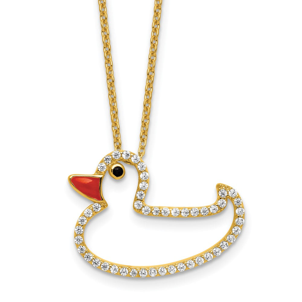 Cheryl M Sterling Silver Gold-plated Polished Black and White CZ Enameled Duck 16 Inch with 2 Inch Extension Necklace