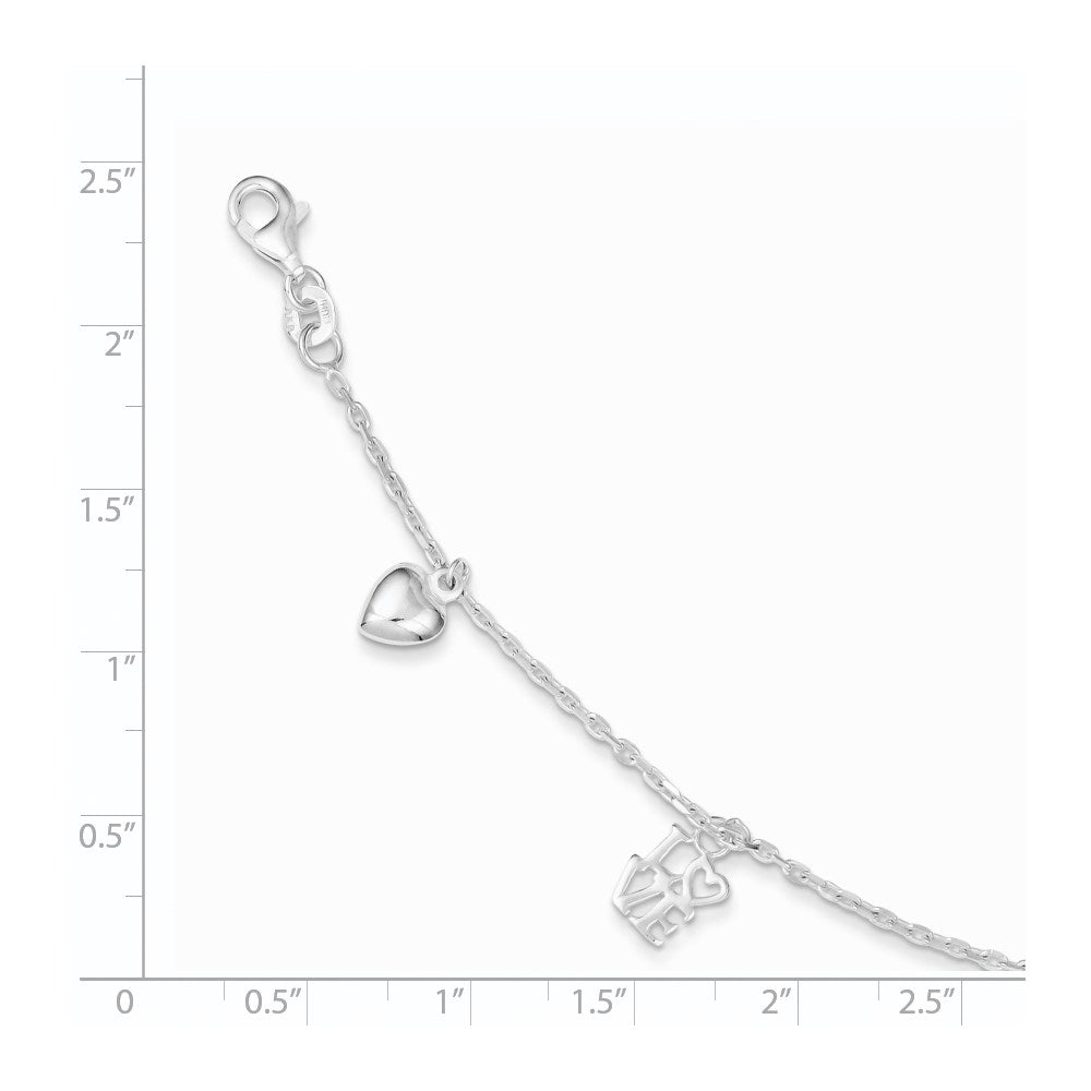 Sterling Silver Heart and LOVE Charm Bracelet 7.5 inches