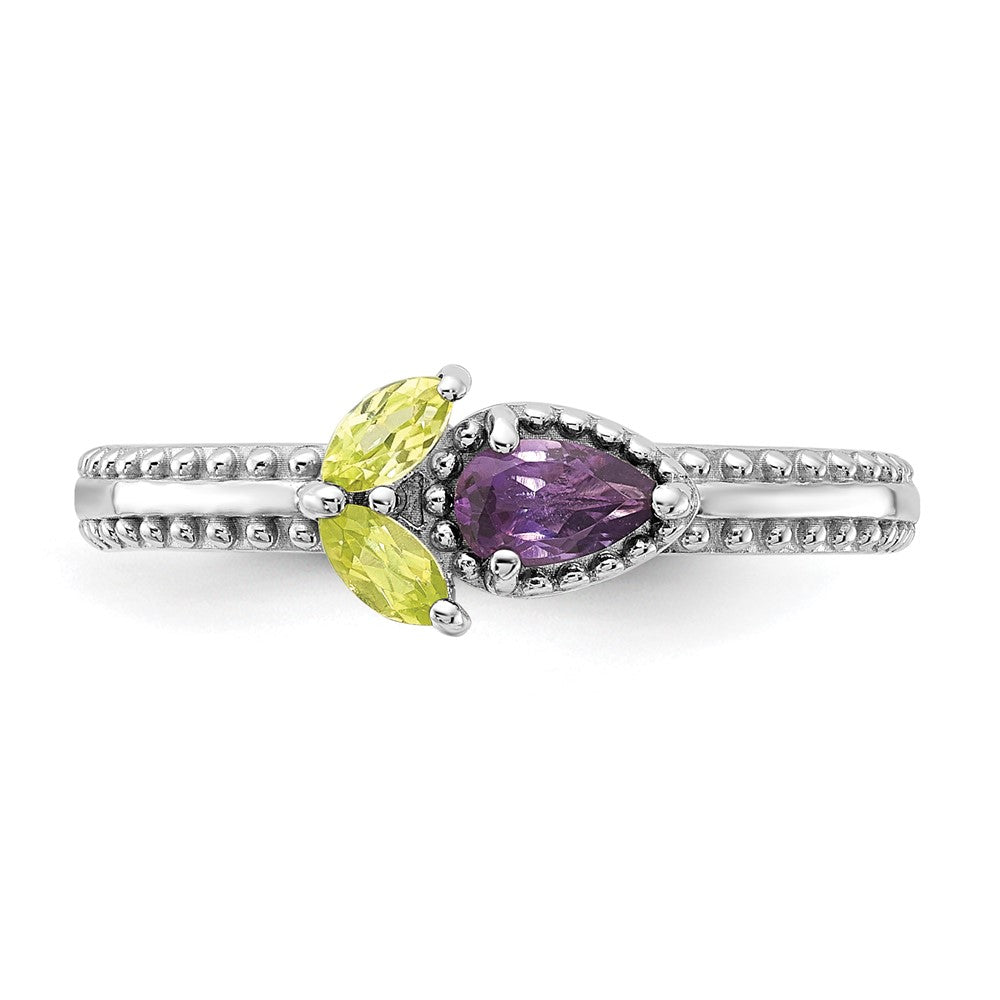 Sterling Silver Stackable Expressions Rhodium-plated Textured Amethyst and Peridot Flower Ring Size -7