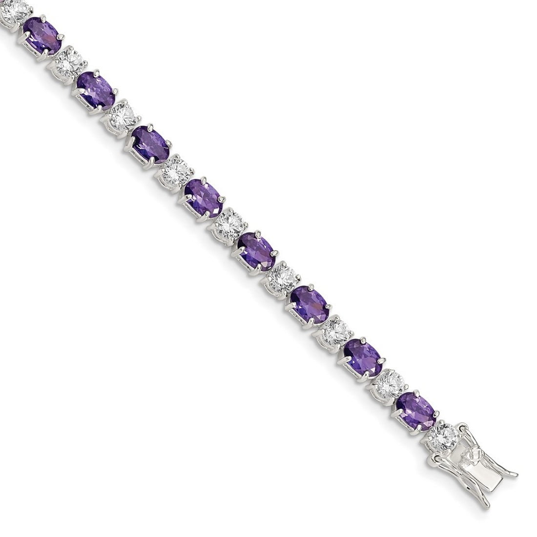 925 Sterling Silver Polished Box Catch Closure Purple and Clear CZ Cubic Zirconia Simulated Diamond Bracelet 7.5 Inch-Bo