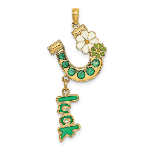 14K Enameled Horseshoe w/LUCK and Flowers Charm