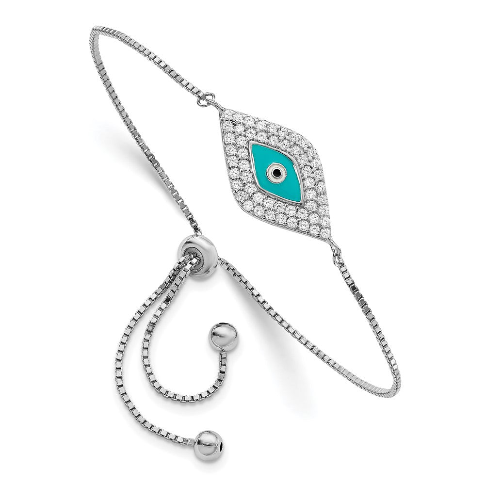 Sterling Silver Rhodium-plated CZ Blue Enamel Eye Adjustable Bracelet 7.5 inches