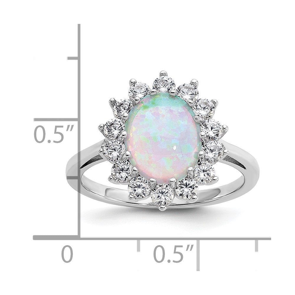 Cheryl M Sterling Silver Rhodium-plated Polished Created Opal and CZ Oval Halo Ring