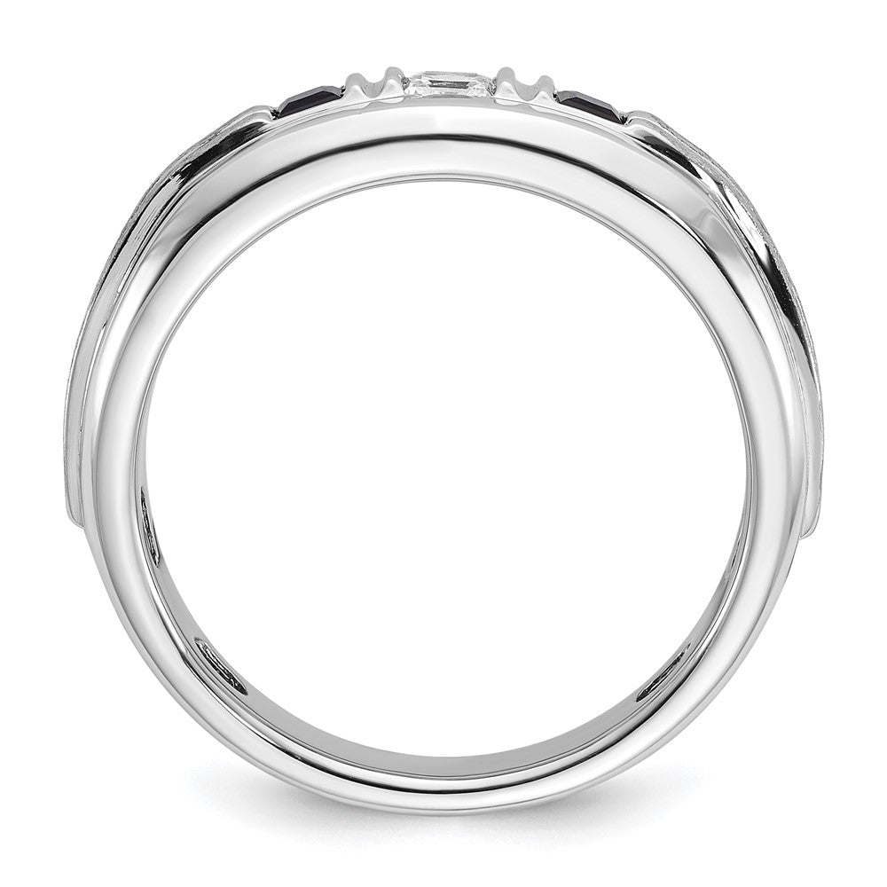 IBGoodman 14k White Gold Men's Polished Satin and Grooved Square 1/6 Carat AA Quality Diamond and Lab Created Sapphire 3-Stone Ring