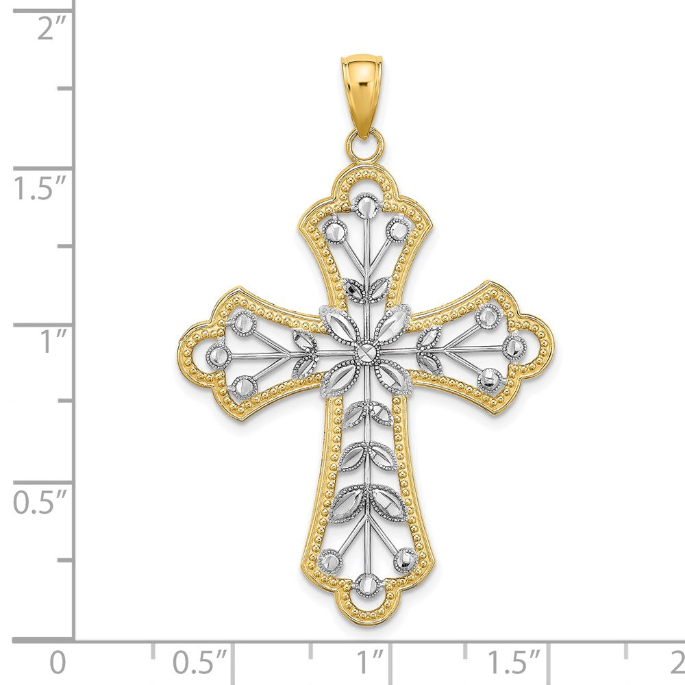 14K W/ Rhodium and D/C Leaves And Beaded Cross Charm