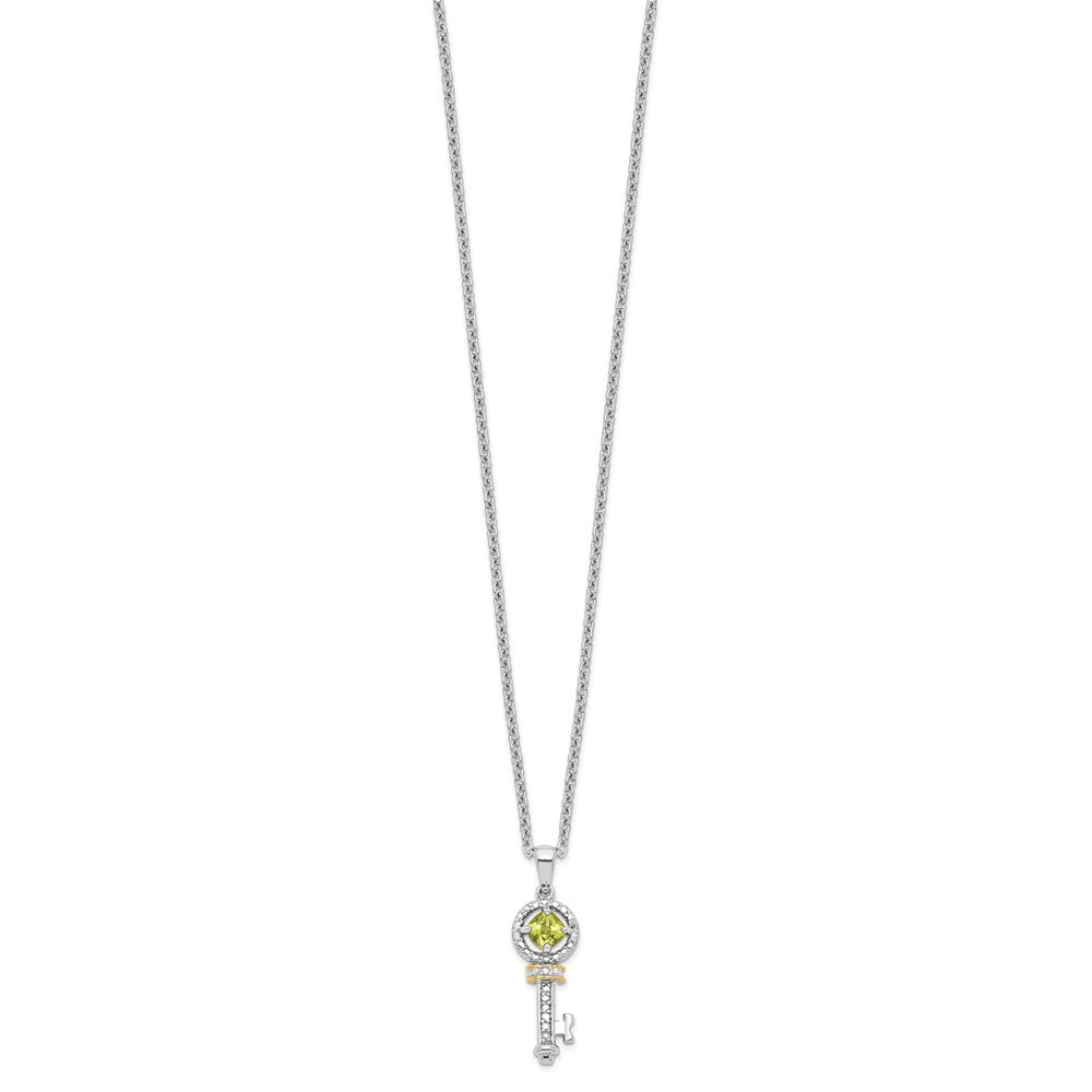 Brilliant Gemstones Sterling Silver with 14K Accent Rhodium-plated Peridot and Diamond Key 18 Inch Necklace with 2 Inch Extender 17 Inches