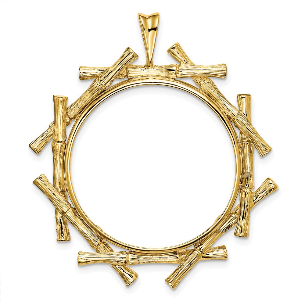 Wideband Distinguished Coin Jewelry 14k Polished and Textured Overlap Bamboo 27.0mm Prong Coin Bezel Pendant