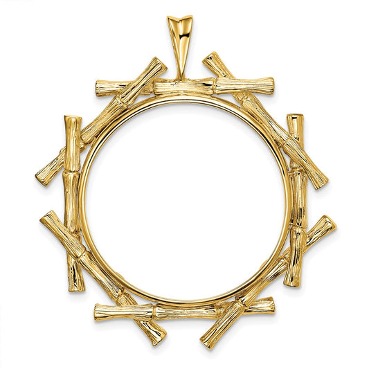 Wideband Distinguished Coin Jewelry 14k Polished and Textured Overlap Bamboo 27.0mm Prong Coin Bezel Pendant