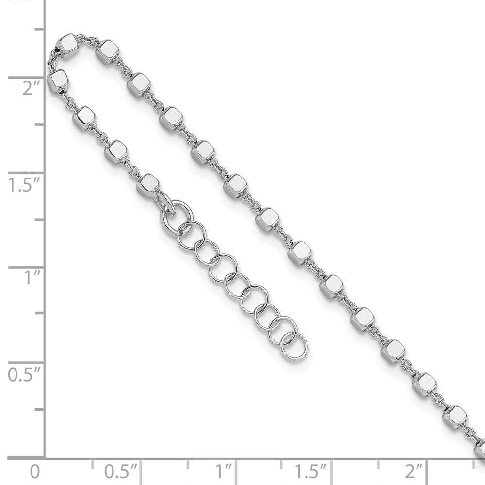 Sterling Silver Rh-plated Polished Cube Link with 1in. ext. Anklet