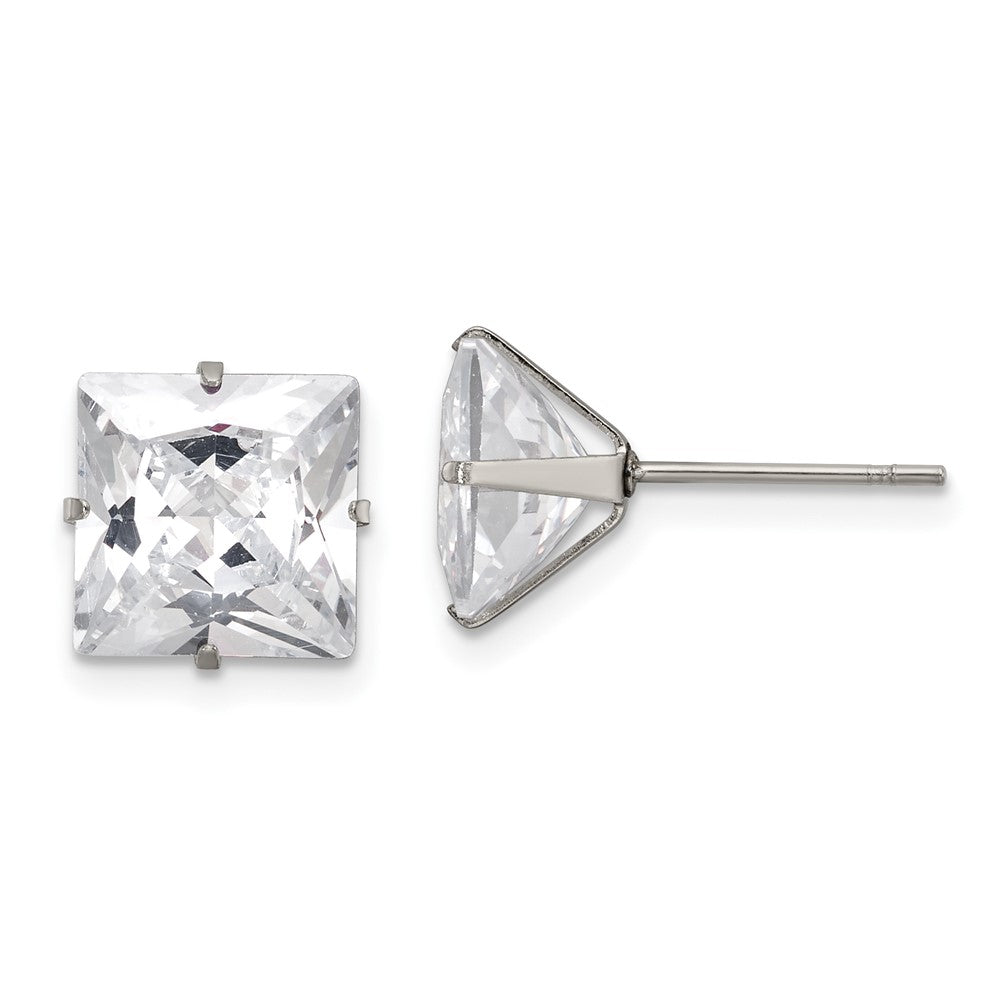 Stainless Steel Polished 9mm Square CZ Stud Post Earrings