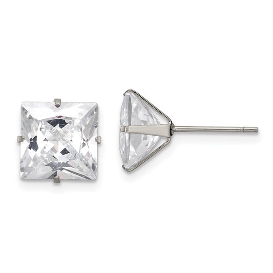 Stainless Steel Polished 9mm Square CZ Stud Post Earrings