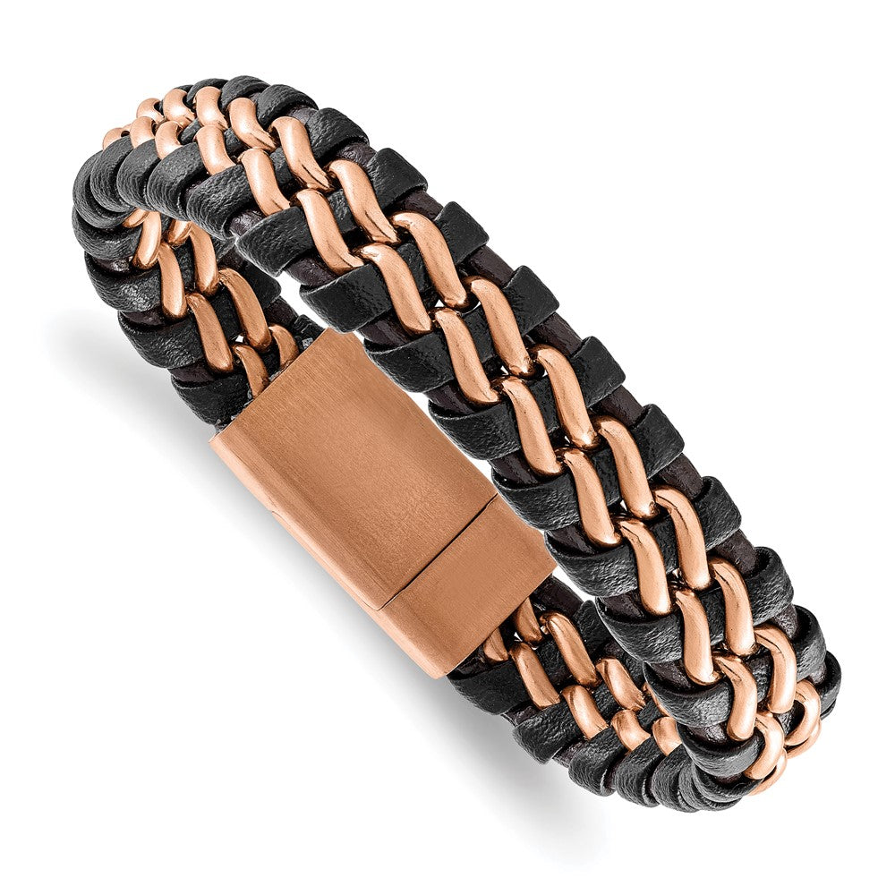 Stainless Steel Brushed Rose IP-plated Brown Leather 8.5in Bracelet 8.5 inches