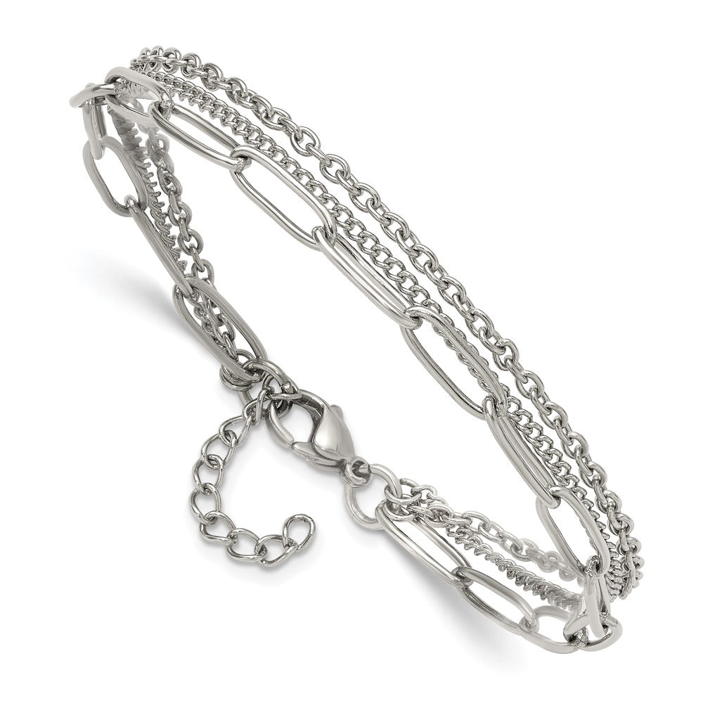 Chisel Stainless Steel Polished Multi-Strand Curb, Cable and Paperclip Link 7 inch Plus a 1.25 inch Extension Bracelet 8.25 inches