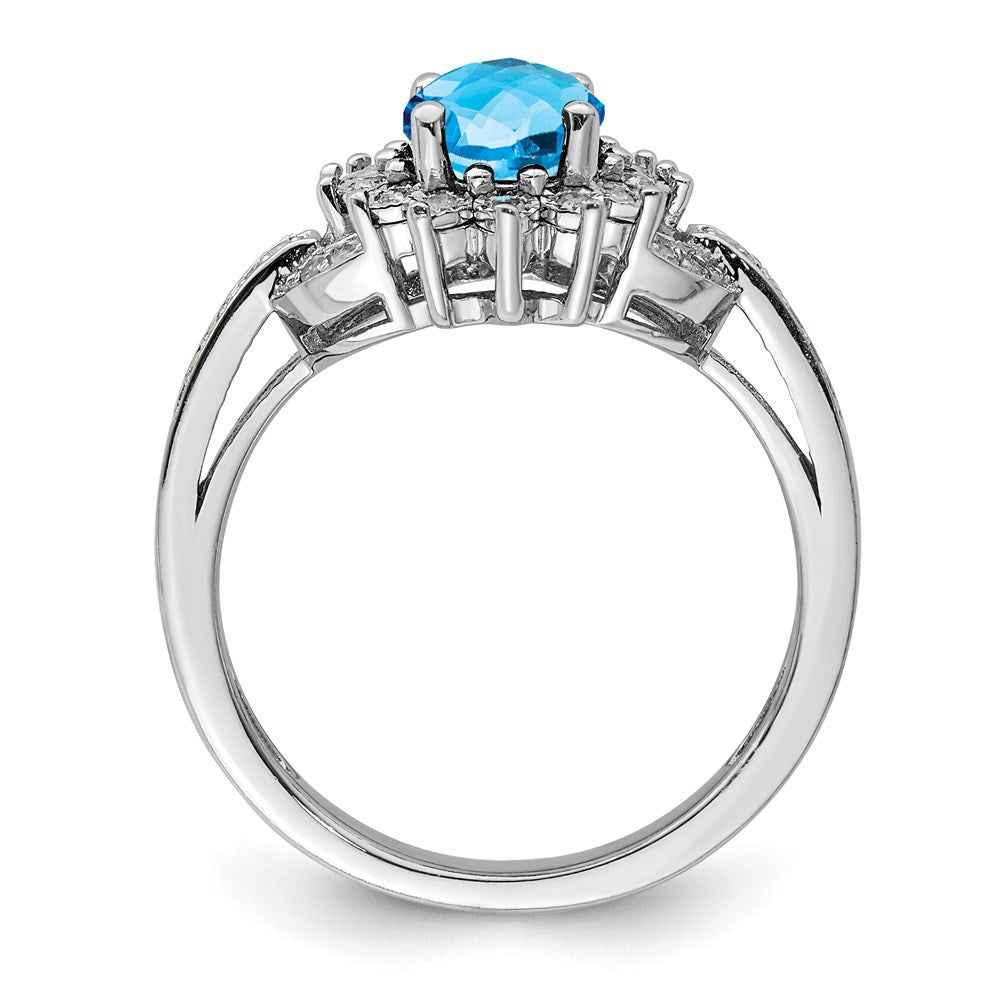 Sterling Silver Rhodium Diam. & Oval Checker-Cut Blue Topaz Ring