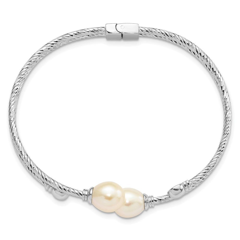 Sterling Silver Rhodium-plated White 8x10mm Teardrop Freshwater Cultured Pearl Hinged Bangle 6 inches