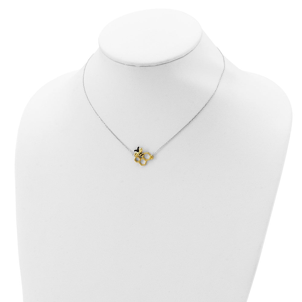 Sterling Silver RH-plated Gold-tone Enamel Bee w/2 in ext Necklace 16 Inches