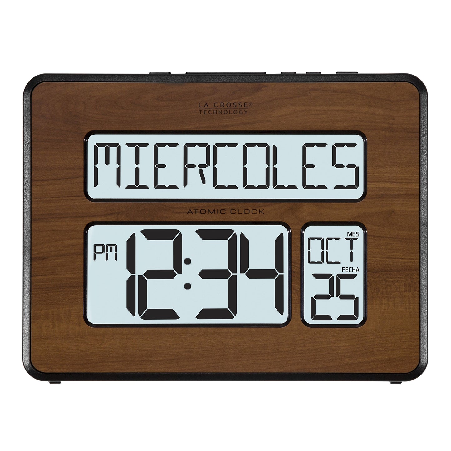 La Crosse 513-1419BL-WA Backlight Atomic Calendar Digital Clock with Large Digits, Walnut
