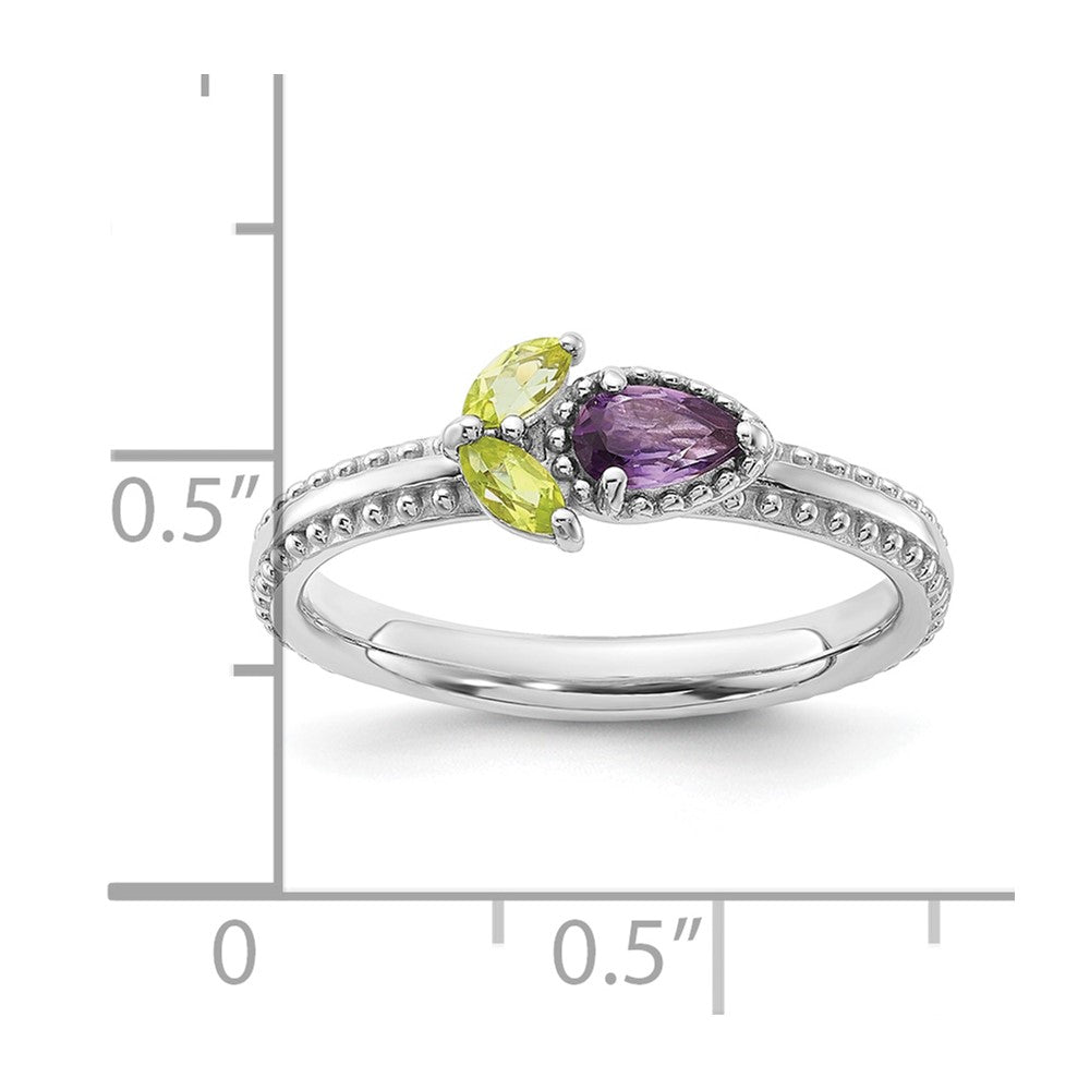Sterling Silver Stackable Expressions Rhodium-plated Textured Amethyst and Peridot Flower Ring Size -7