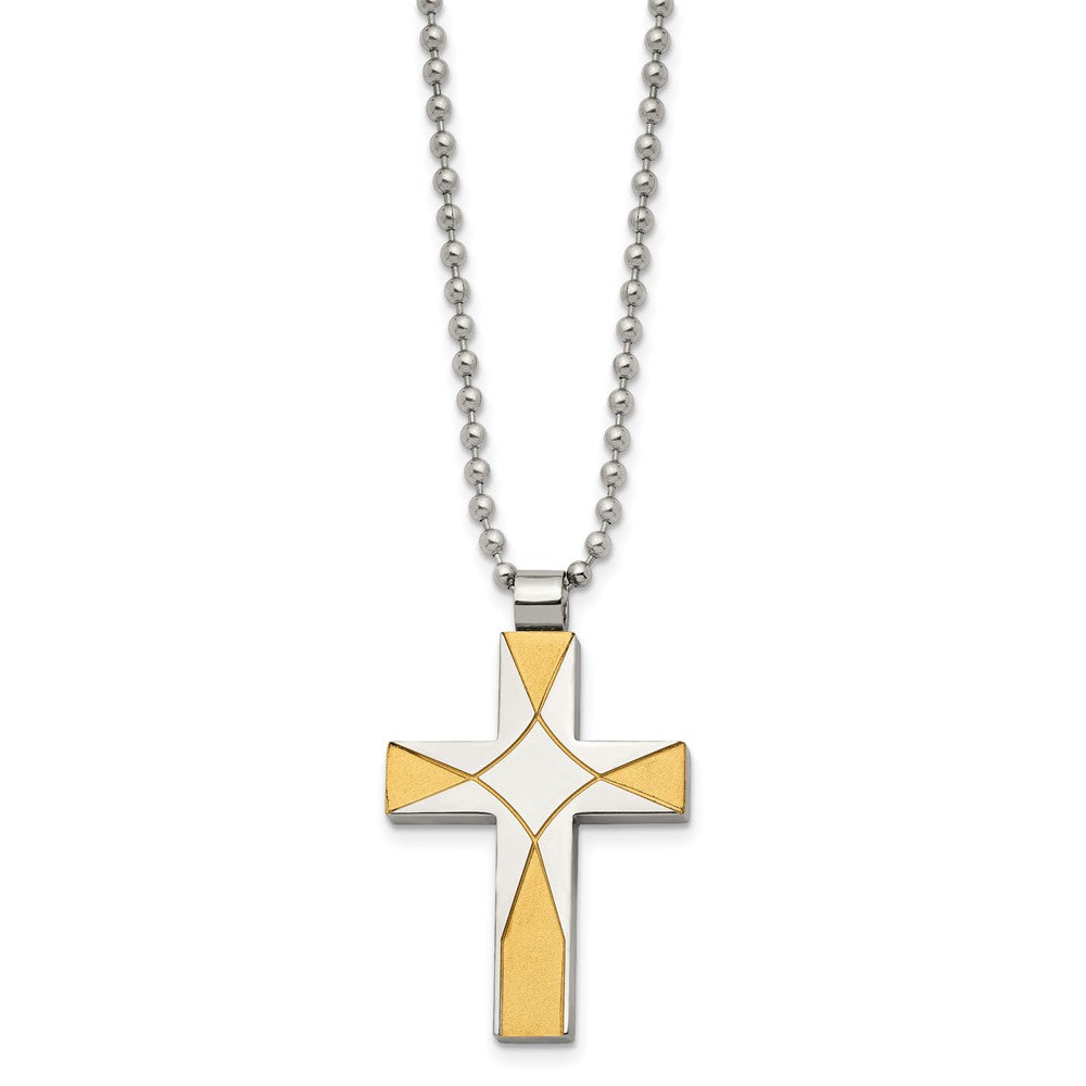 Stainless Steel Brushed and Polished Yellow IP-plated Cross Necklace