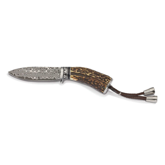 Luxury Giftware Damascus Steel 256 Layer Fixed Blade Staghorn Handle Hunting Knife with Leather Sheath and Gift Box QKND6722