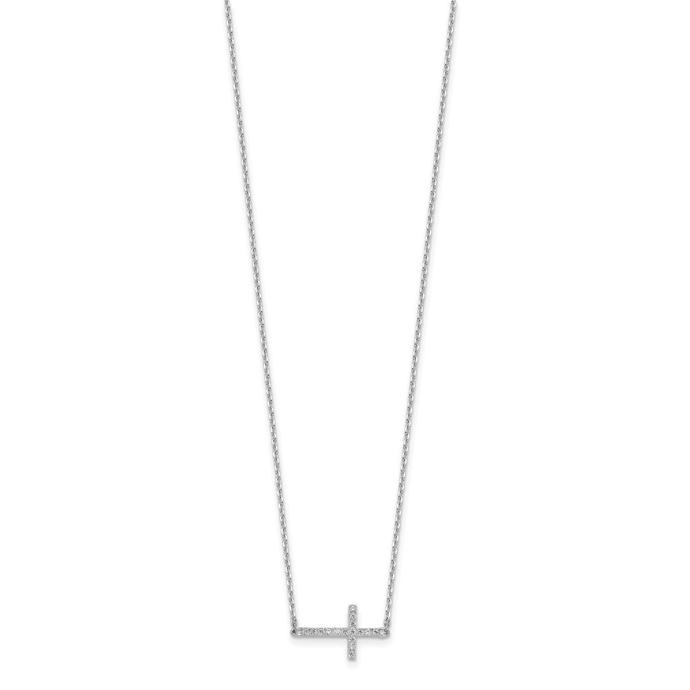 Sterling Shimmer Sterling Silver Rhodium-plated 1.1mm CZ 16 Stone Sideway Cross 16 inch with 2 inch Extension Necklace 16 Inches