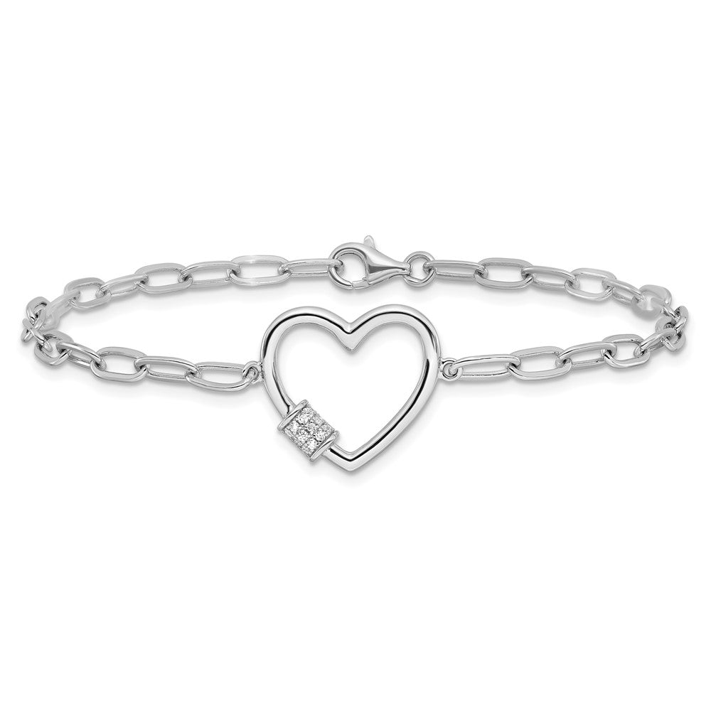 Sterling Silver Rhodium-plated with CZ Heart Paperclip Link 7.5in Bracelet 7.5 inches