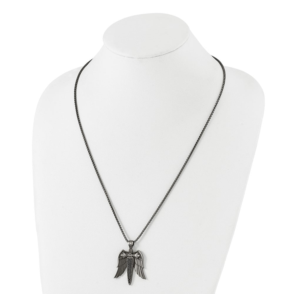 Stainless Steel Antiqued White Bronze-plated CZ Sword Necklace