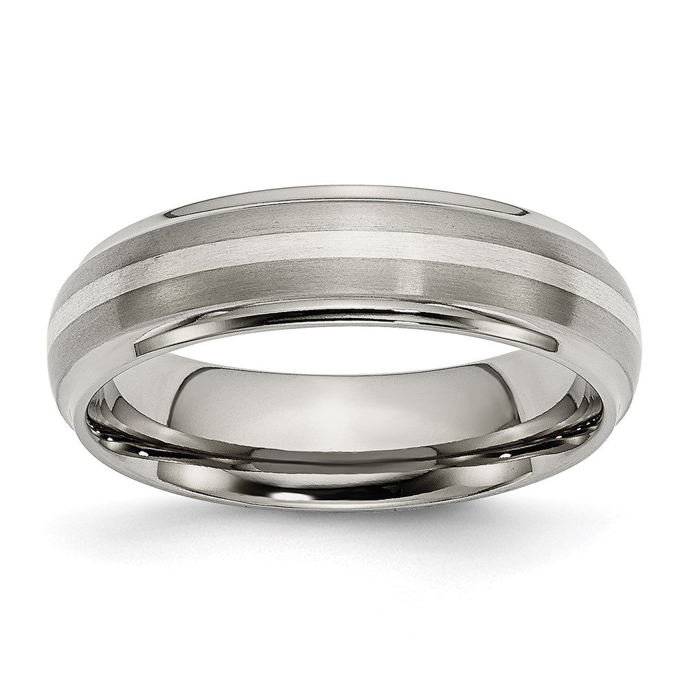 Titanium Brushed Center w/Sterling Silver Inlay 6mm Ridged Edge Band Size - 12.5