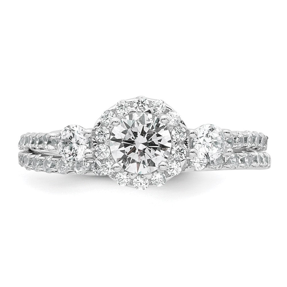 Sterling Silver Rhodium-plated Polished CZ 3-Stone Halo Size 7 Engagement Ring and Wedding Band Set