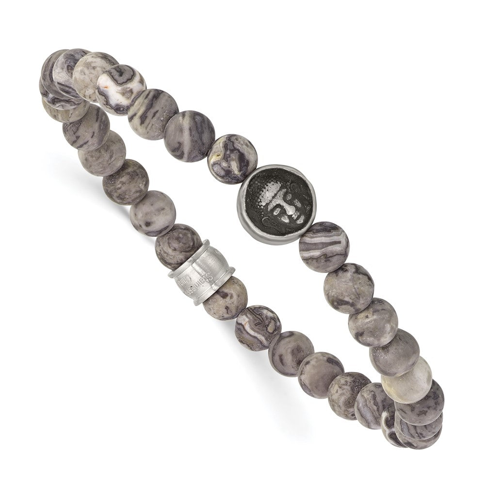Stainless Steel Brushed Antiqued Map Stone Buddha Stretch Bracelet