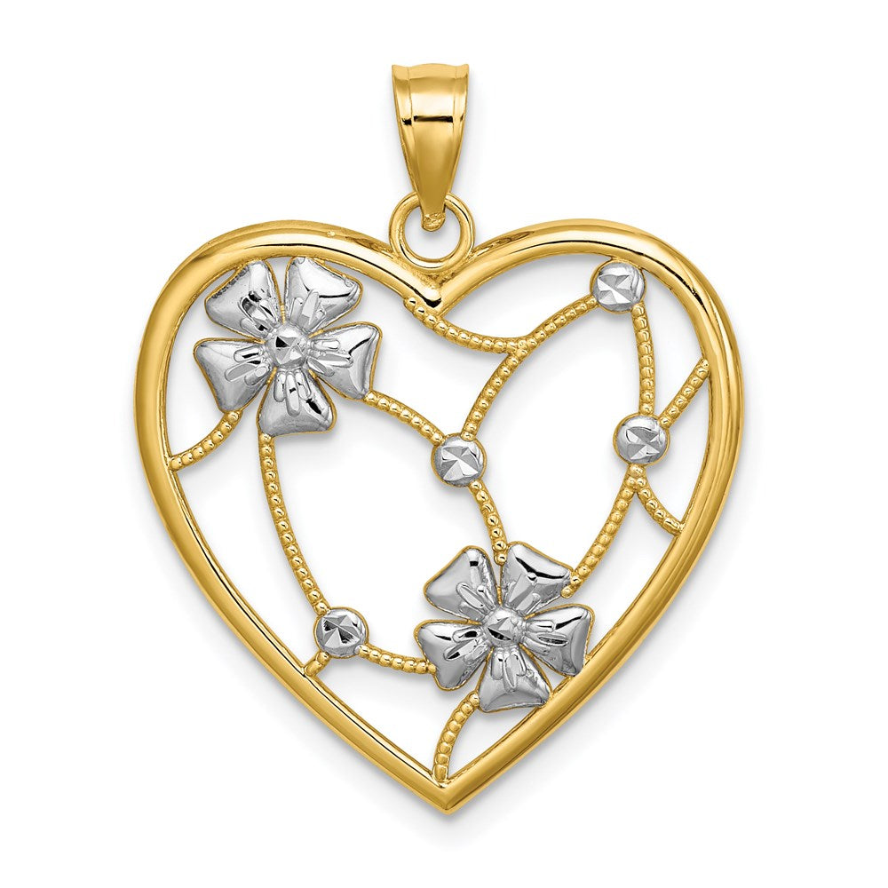 14k w/ Rhodium Flowers In Heart Charm